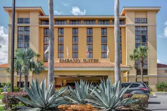 a palm tree in front of a building